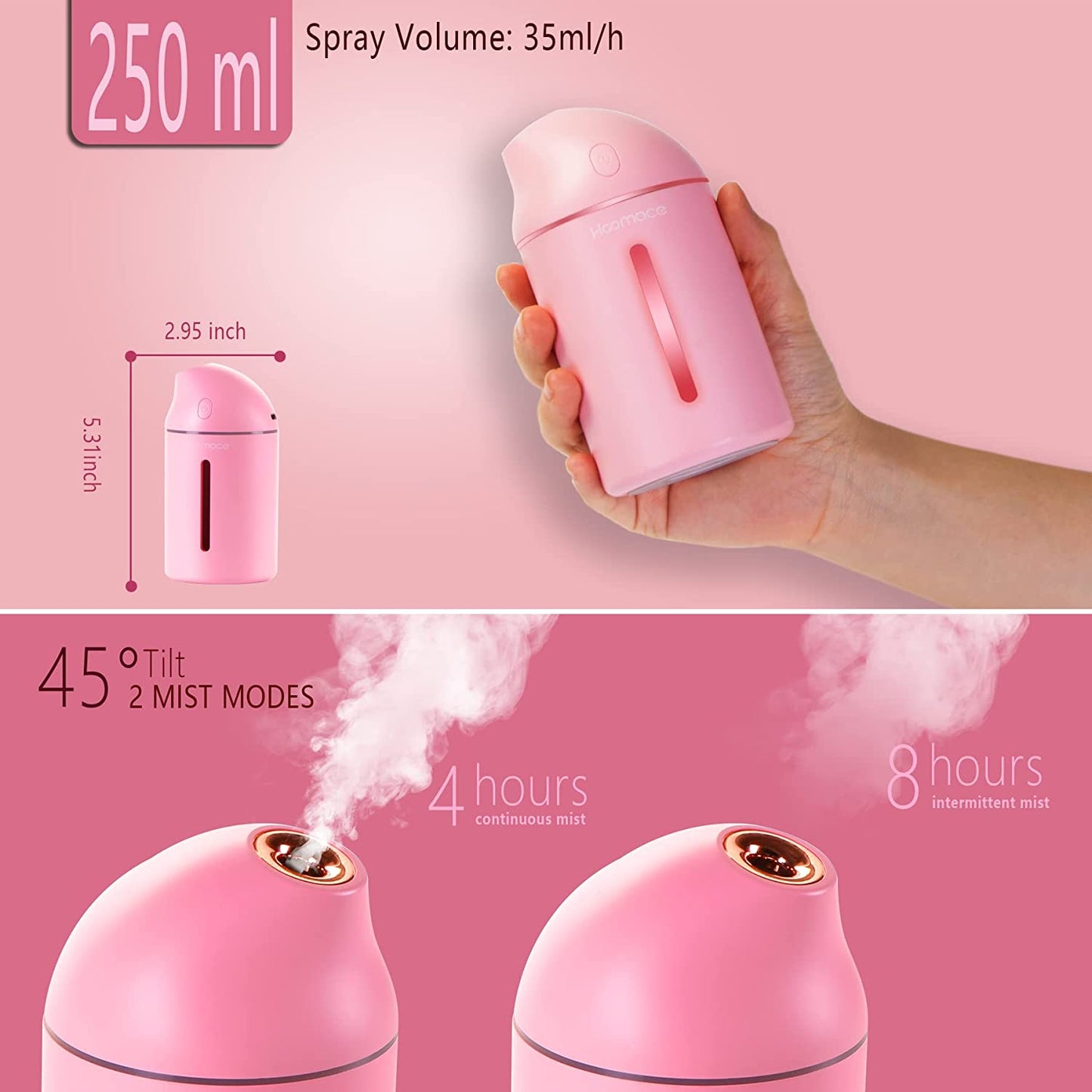 Small Humidifier, 250ML Mini Portable Personal Air Humidifiers, Ultra Quiet USB Humidifier for Travel with 7 Colors LED Light, 2 Spray Modes, Lasts up to 8 Hours, Pink …