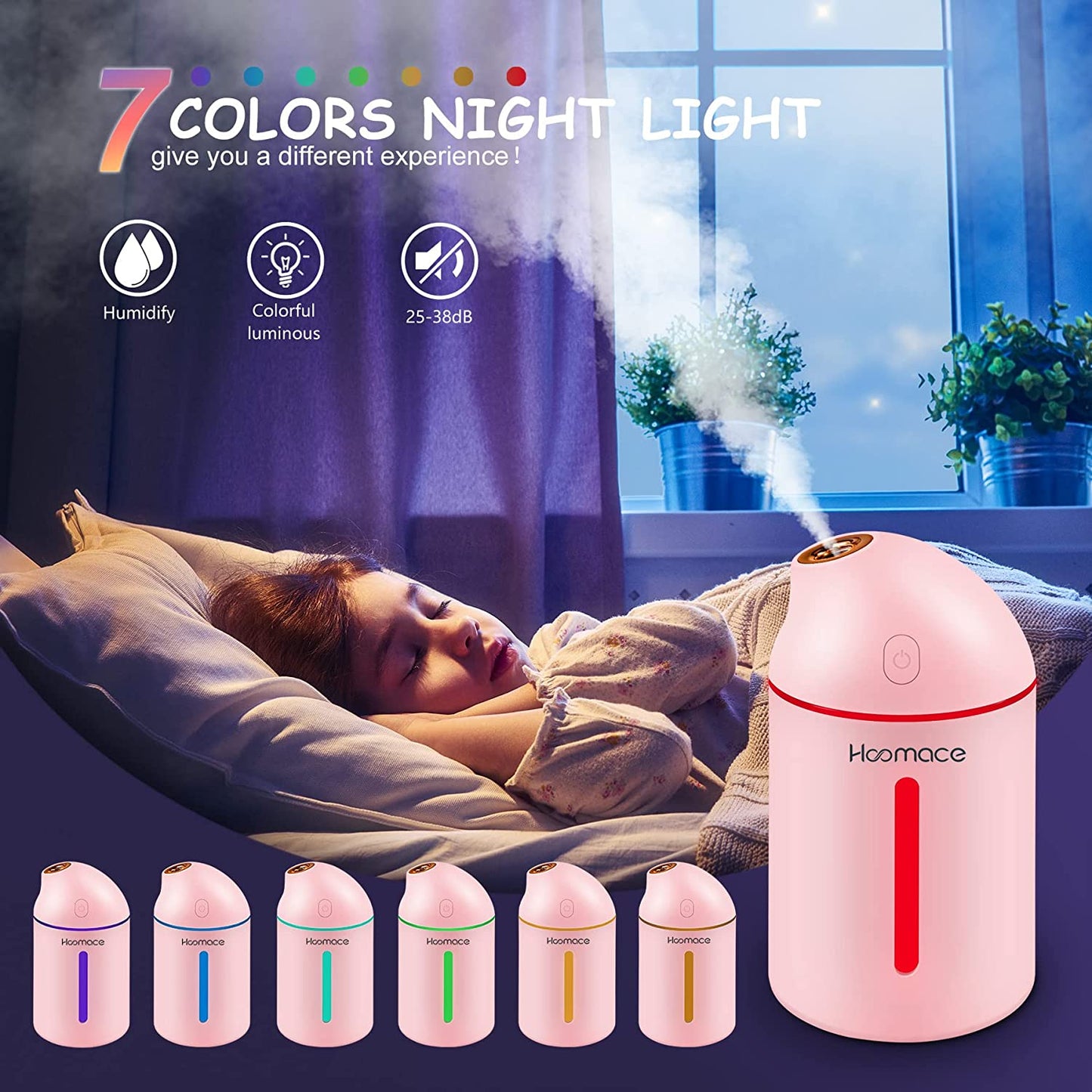 Small Humidifier, 250ML Mini Portable Personal Air Humidifiers, Ultra Quiet USB Humidifier for Travel with 7 Colors LED Light, 2 Spray Modes, Lasts up to 8 Hours, Pink …