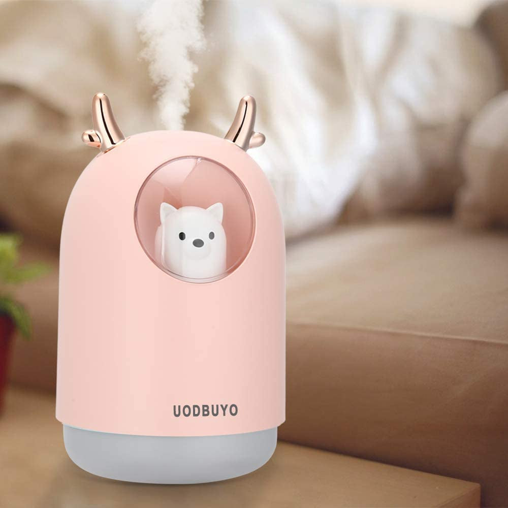 Portable Cool Mist Humidifier - 300Ml USB Mini Air Humidifier with 10 Pcs Humidifier Sticks, 7 Color Night Light Room Humidifier for Bedroom Office Desk,Car,Travel (Pink)