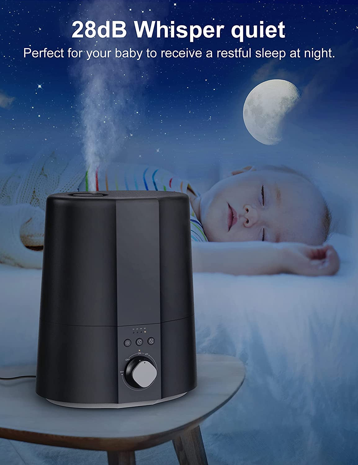 2.5L Cute Cool Mist Humidifier for Baby, Plants,Night Light, 4 Timing, Auto Shut-Off and 30H Humidifying (Black)