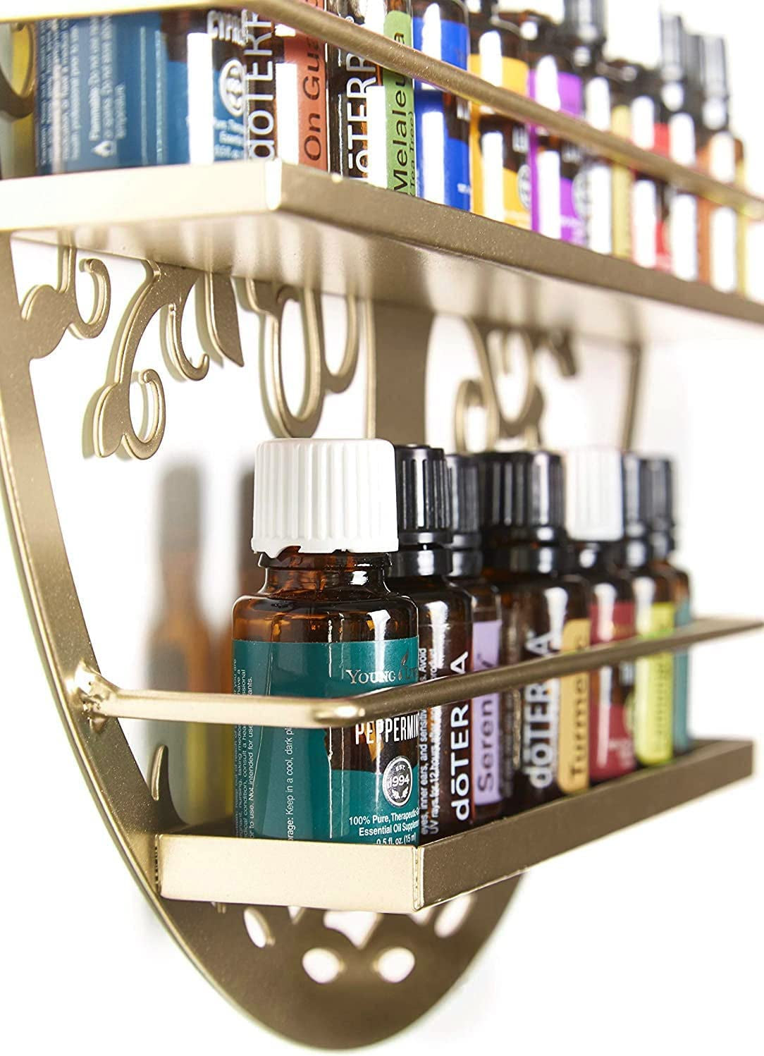 Essential Oil Holder Organizer Shelf - Gold - Nail Polish and Essential Oils Storage - Metal Wall Hanging Mounted Rack for Bottles - Tree of Life Shelves