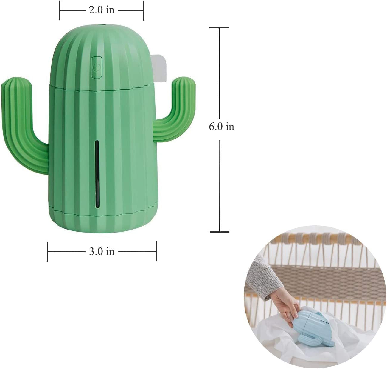 Mini Humidifier Single Room Humidifiers with Night Light Portable Cactus Air Humidifier for for Yoga, Office, Spa, Bedroom，Baby Room，Silica Gel Diffuser for Tap Water Only(Green)