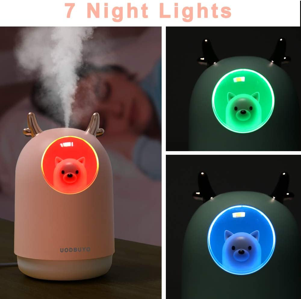 Portable Cool Mist Humidifier - 300Ml USB Mini Air Humidifier with 10 Pcs Humidifier Sticks, 7 Color Night Light Room Humidifier for Bedroom Office Desk,Car,Travel (Pink)