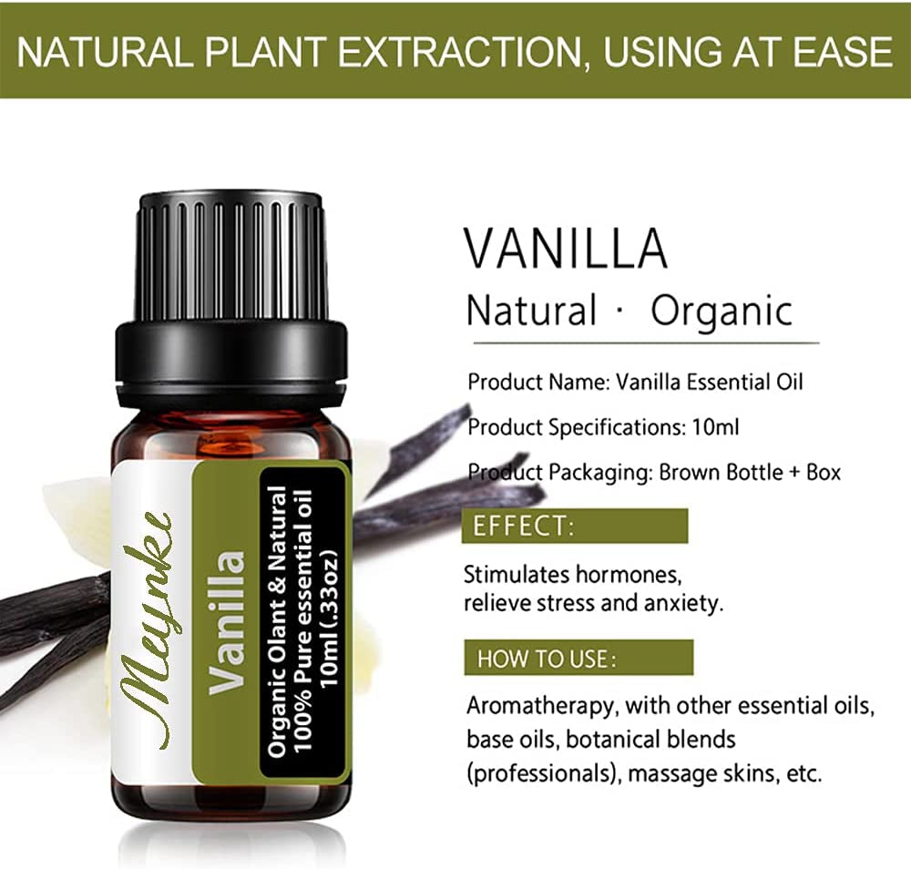 Vanilla Essential Oil Organic Olant & Natural 100% Pure Vanilla Oil - Perfect for Diffuser, Humidifier, Massage, Skin & Hair Care-10Ml