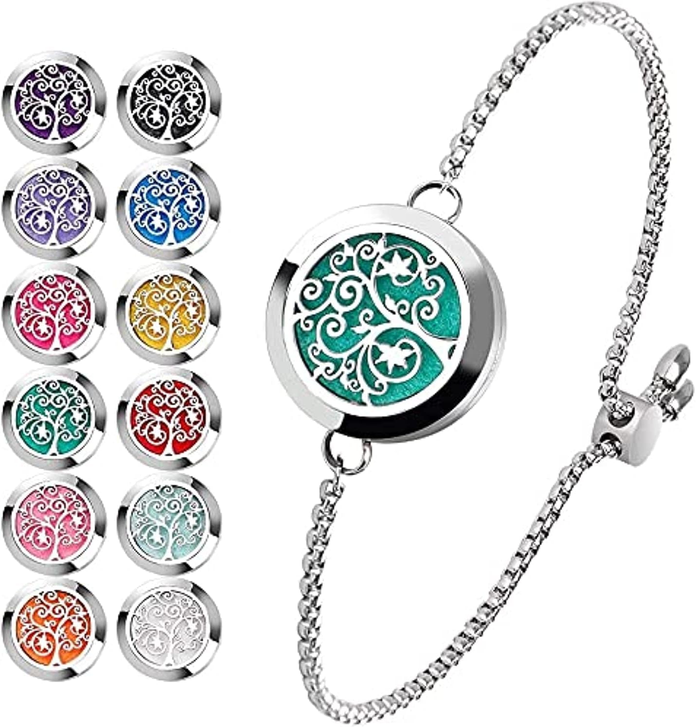 Essential Oil Diffuser Bracelet Stainless Steel Aromatherapy Locket Adjustable Bracelet Set for Mother'S Day with 24 Refill Pads (Tree of Hope)