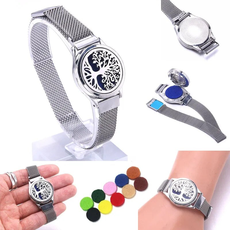 Essential Oil Diffuser Bracelet for Women Stainless Steel Watchband Aromatherapy Locket Adjustable Bracelet with Free Pads