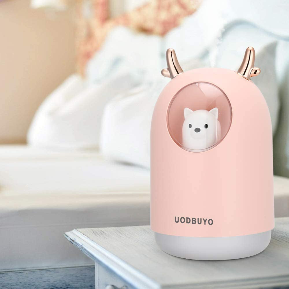 Portable Cool Mist Humidifier - 300Ml USB Mini Air Humidifier with 10 Pcs Humidifier Sticks, 7 Color Night Light Room Humidifier for Bedroom Office Desk,Car,Travel (Pink)