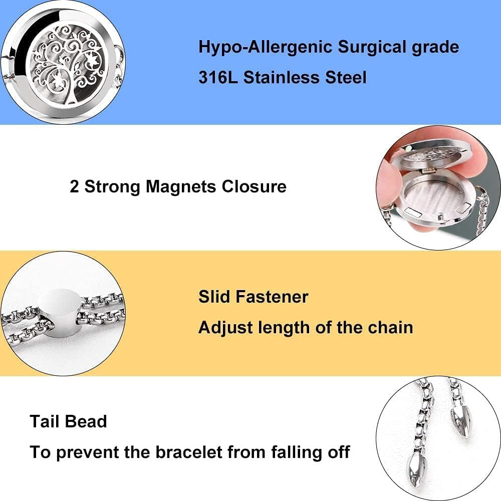 Essential Oil Diffuser Bracelet Stainless Steel Aromatherapy Locket Adjustable Bracelet Set for Mother'S Day with 24 Refill Pads (Tree of Hope)