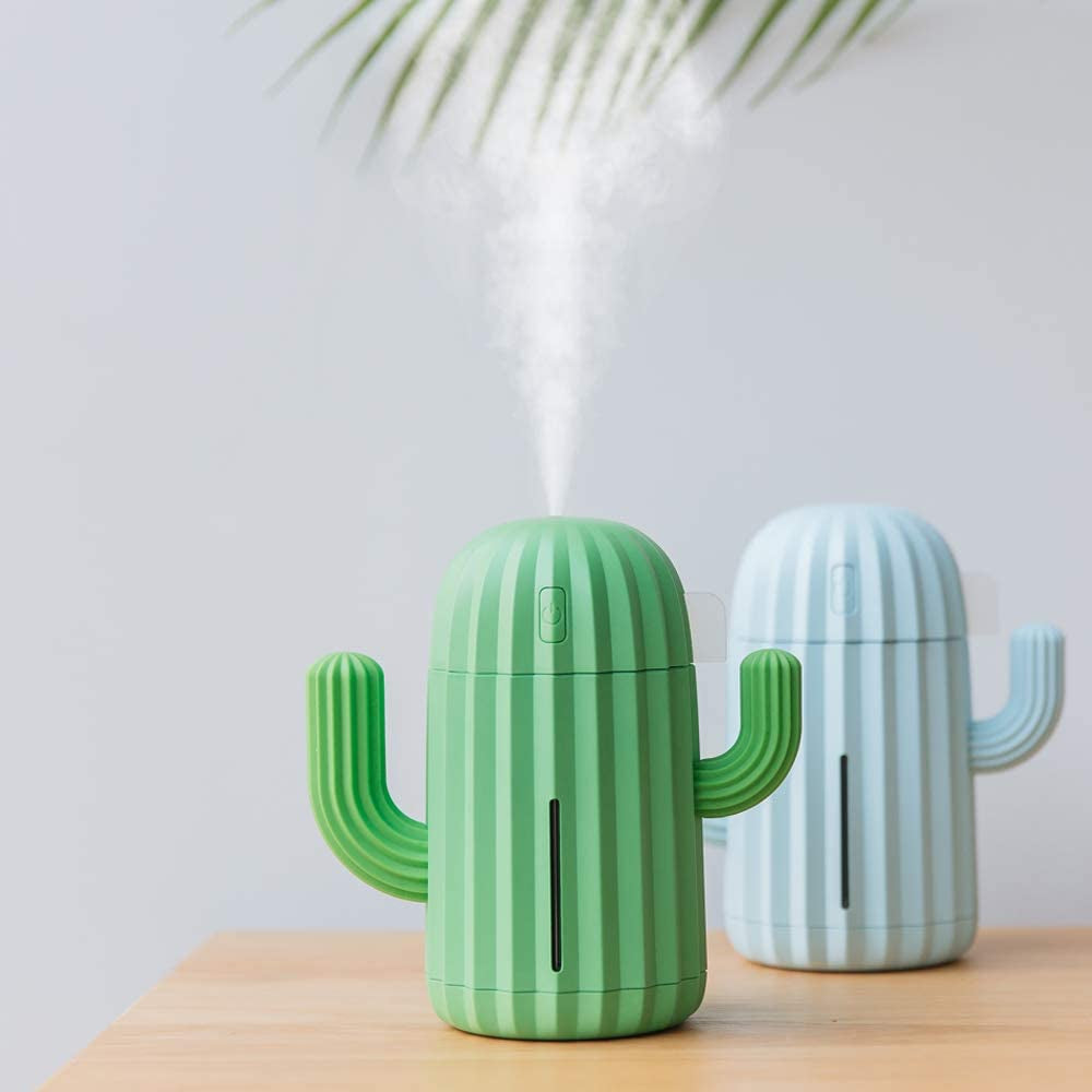 Mini Humidifier Single Room Humidifiers with Night Light Portable Cactus Air Humidifier for for Yoga, Office, Spa, Bedroom，Baby Room，Silica Gel Diffuser for Tap Water Only(Green)