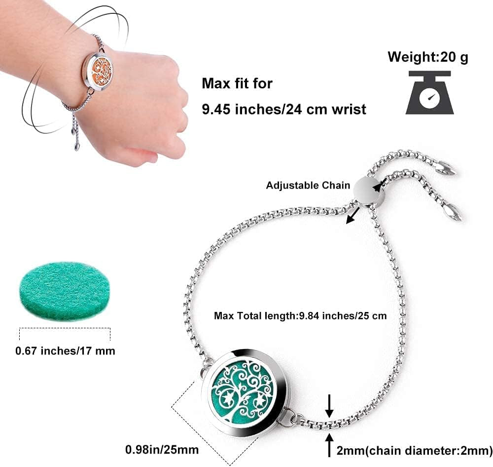 Essential Oil Diffuser Bracelet Stainless Steel Aromatherapy Locket Adjustable Bracelet Set for Mother'S Day with 24 Refill Pads (Tree of Hope)