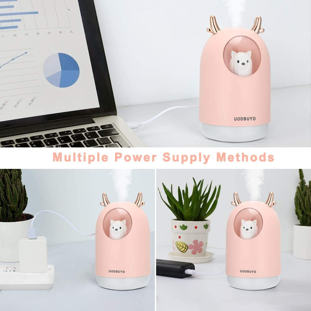 Portable Cool Mist Humidifier - 300Ml USB Mini Air Humidifier with 10 Pcs Humidifier Sticks, 7 Color Night Light Room Humidifier for Bedroom Office Desk,Car,Travel (Pink)