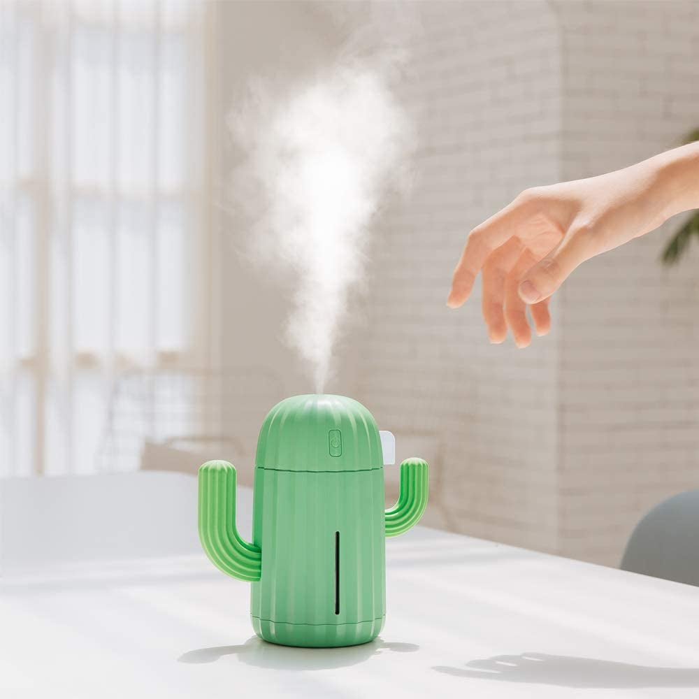 Mini Humidifier Single Room Humidifiers with Night Light Portable Cactus Air Humidifier for for Yoga, Office, Spa, Bedroom，Baby Room，Silica Gel Diffuser for Tap Water Only(Green)